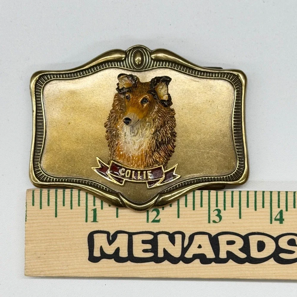 Vtg 1978 AHM Collie Dog Brass Belt Buckle‎ Enamel 3D Relief Animal Collectible